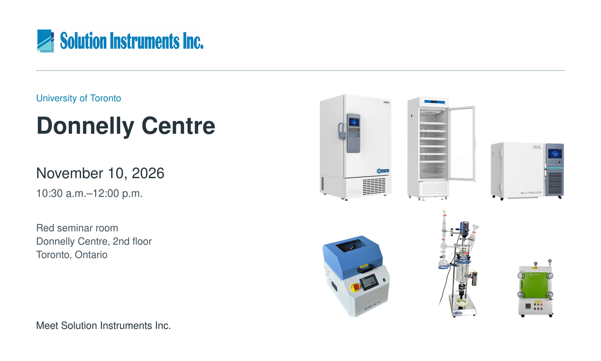 Solution Instruments at the Donnelly Centre, November 10, 2026, with Meling cold storage and VivTek grinding, reactor and furnace equipment.