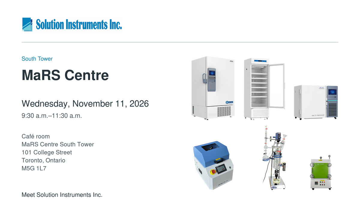 Solution Instruments at the MaRS Centre, November 11, 2026, with Meling cold storage and VivTek grinding, reactor and furnace equipment.