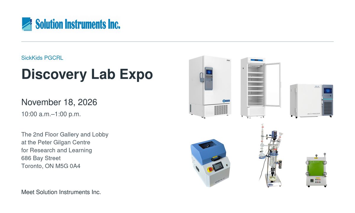 Solution Instruments at the SickKids Discovery Lab Expo, November 18, 2026, with Meling cold storage and VivTek grinding, reactor and furnace equipment.