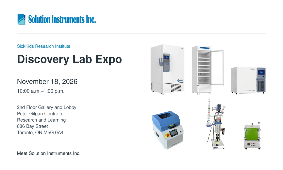 Solution Instruments at the SickKids Discovery Lab Expo, November 18, 2026, with Meling cold storage and VivTek grinding, reactor and furnace equipment.