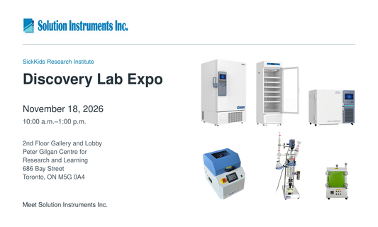 Solution Instruments at the SickKids Discovery Lab Expo, November 18, 2026, with Meling cold storage and VivTek grinding, reactor and furnace equipment.